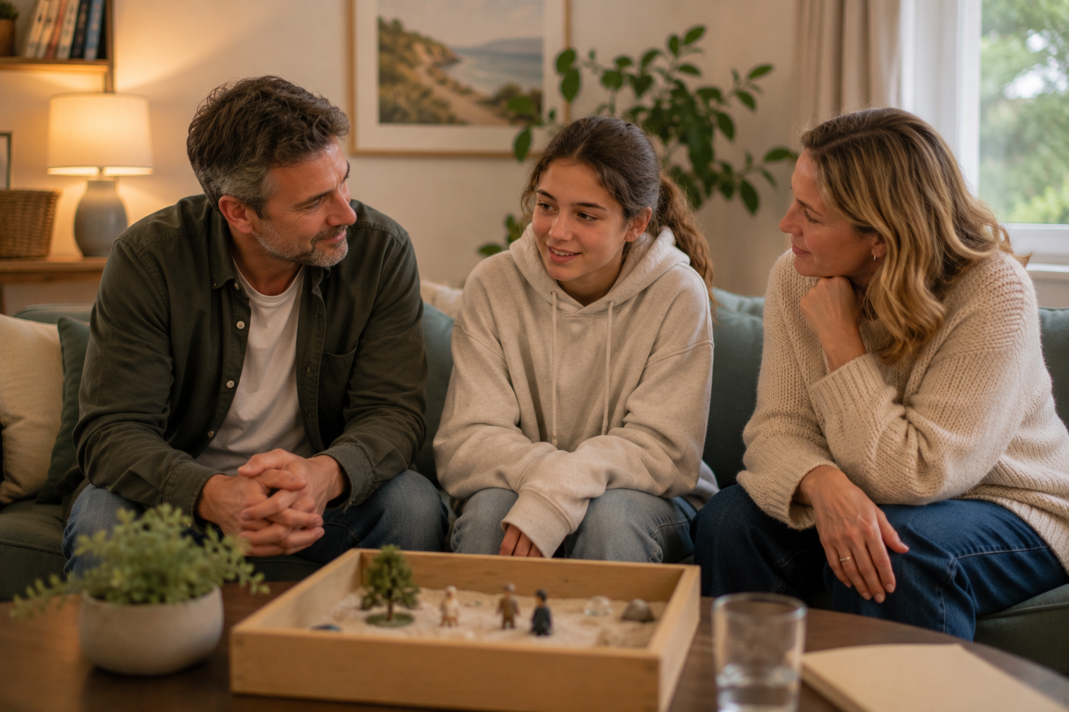 Teenager with parents using a sandtry during adolescent psychotherapy